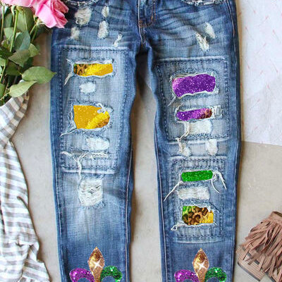 Mardi Gras Sequin Distressed Straight Jeans
