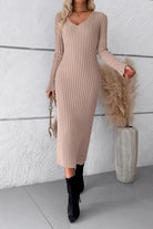 V-Neck Long Sleeve Ribbed Sweater Dress - Guy Christopher 