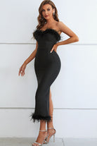 Feather Trim Strapless Sweetheart Neck Dress - Guy Christopher 