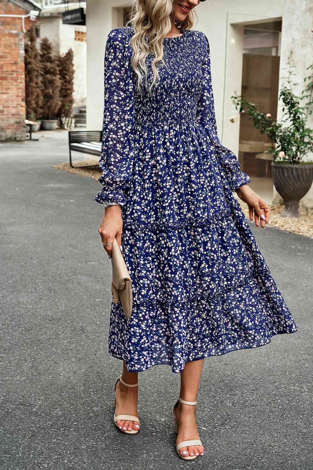 Smocked Flounce Sleeve Midi Dress - Guy Christopher 