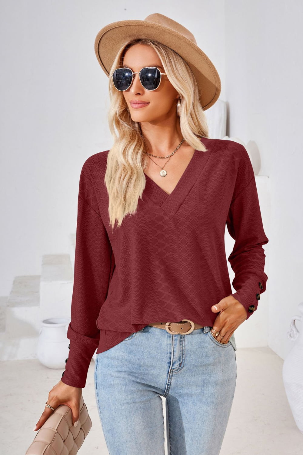 V-Neck Long Sleeve Blouse - Guy Christopher 