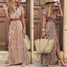 HOT SALE!! Boho Women V Neck Short Sleeve Paisley Print Belt Large Hem Beach Long Dress print dress summer beach dress with belt - Guy Christopher 