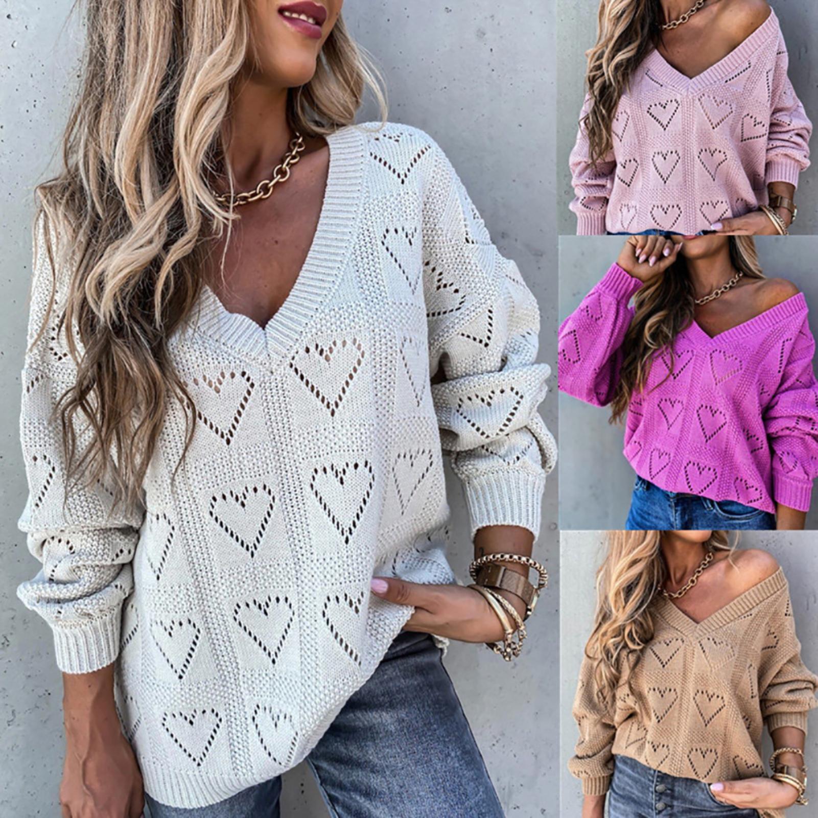 Women Autumn Winter Love Heart Hollow Crochet Sweater Loose V Neck Long Sleeve Casual Knitwear Jumper Rose Red/Pink/Khaki/White - Guy Christopher 