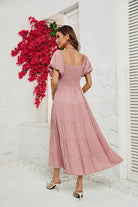 Smocked Square Neck Tiered Dress - Guy Christopher 