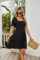 Square Neck Flounce Sleeve Smocked Dress - Guy Christopher 