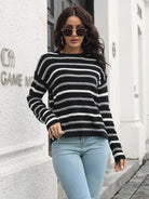 Striped Round Neck Dropped Shoulder Sweater - Guy Christopher 