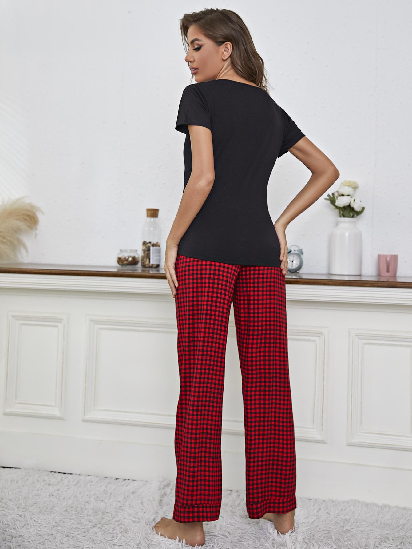 V-Neck Top and Gingham Pants Lounge Set - Guy Christopher 