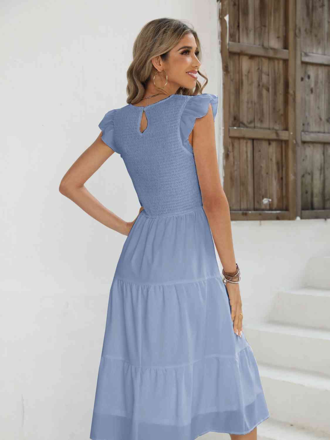 Smocked Round Neck Tiered Dress - Guy Christopher 