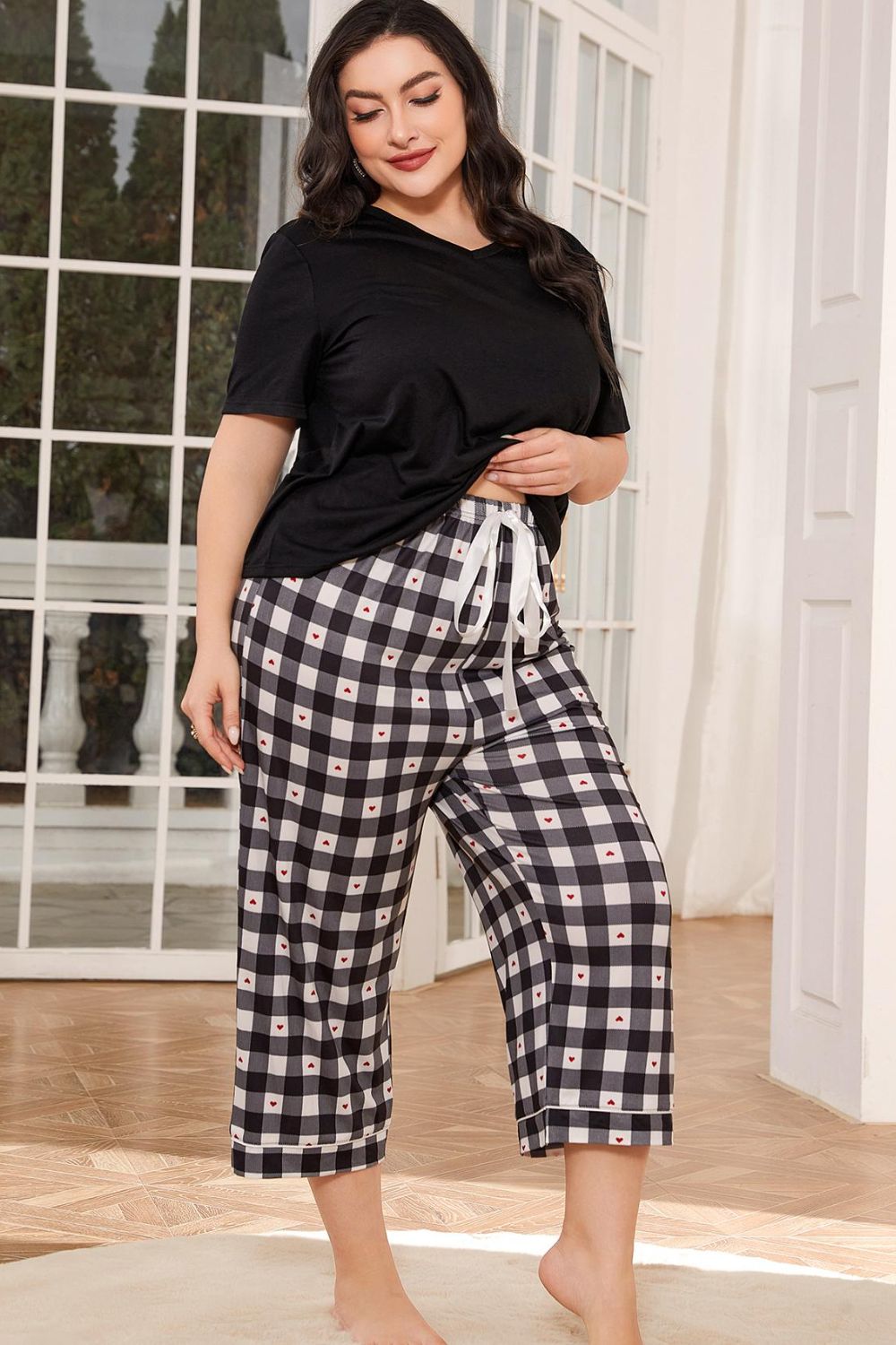 V-Neck Tee and Plaid Cropped Pants Lounge Set - Guy Christopher 