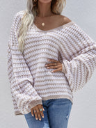 Striped Drop Shoulder V-Neck Pullover Sweater - Guy Christopher 