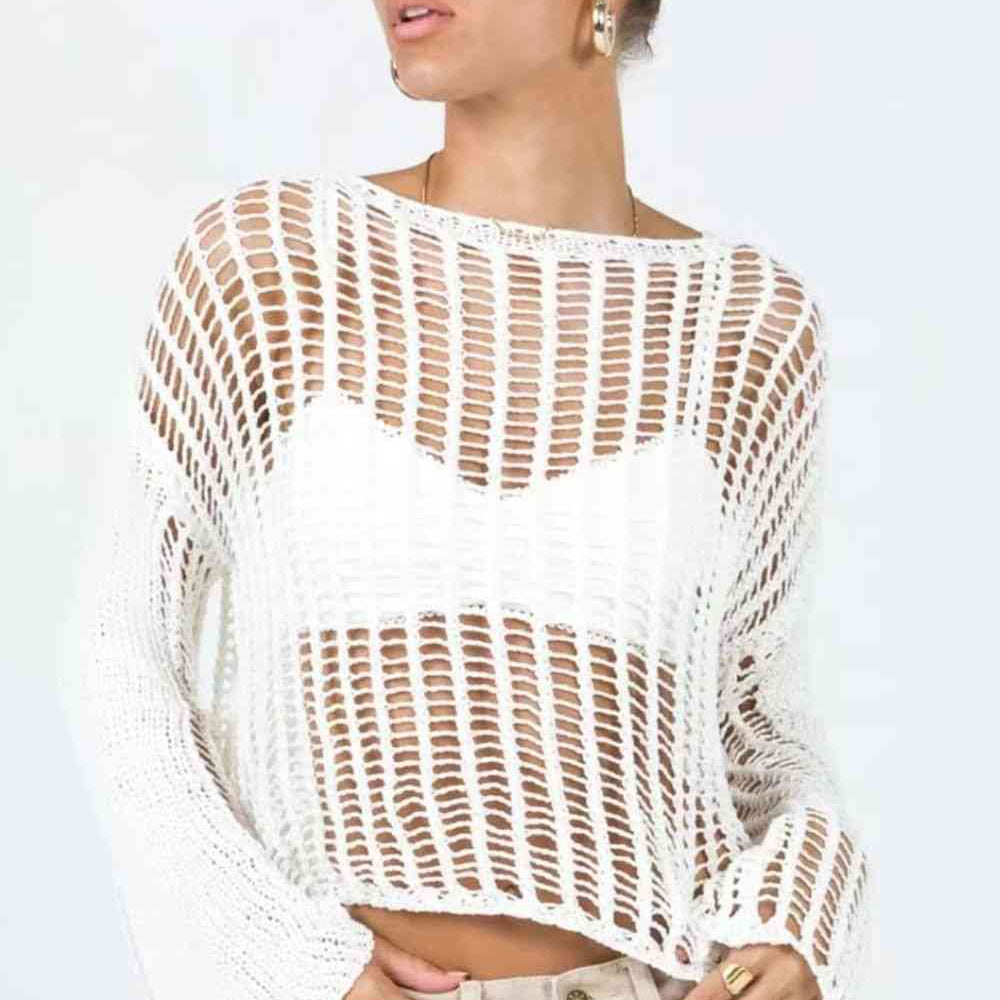 Openwork Boat Neck Long Sleeve Cover Up