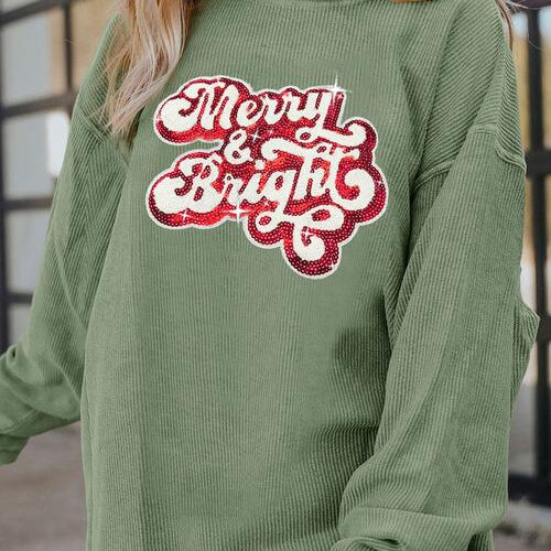 Ribbed Sequin Letter Graphic Round Neck Long Sleeve Sweatshirt