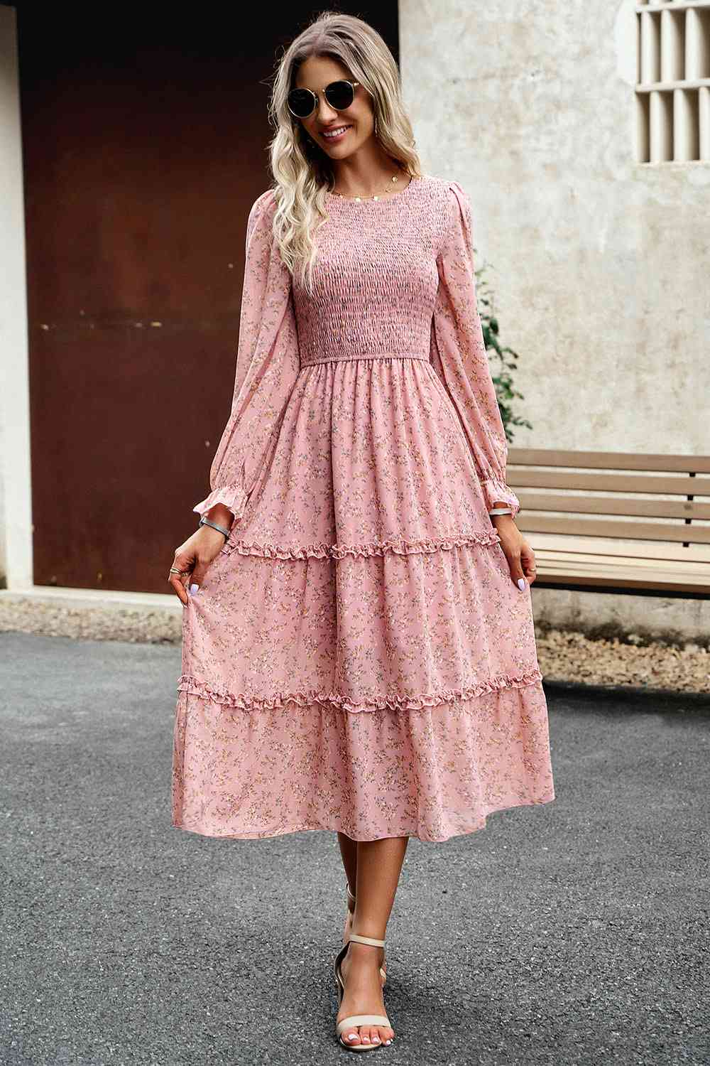 Smocked Flounce Sleeve Midi Dress - Guy Christopher 