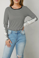 Striped Round Neck Long Sleeve Lace Trim T-Shirt - Guy Christopher 