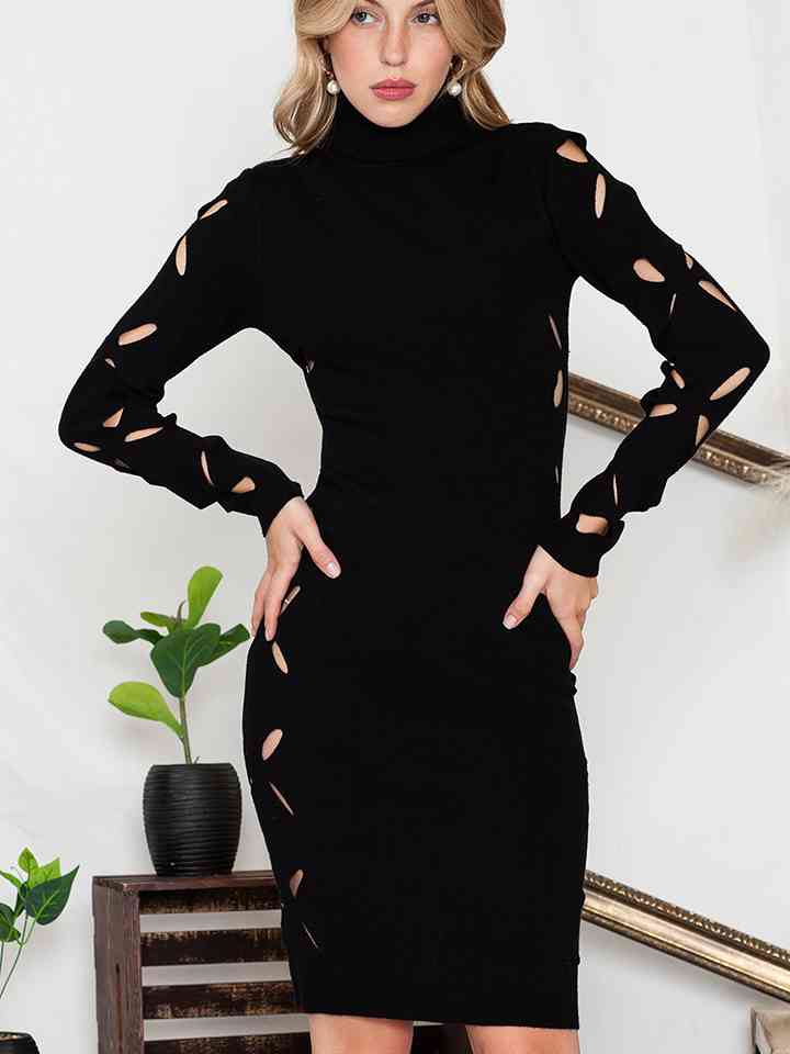 Turtle Neck Cutout Long Sleeve Mini Dress - Guy Christopher 