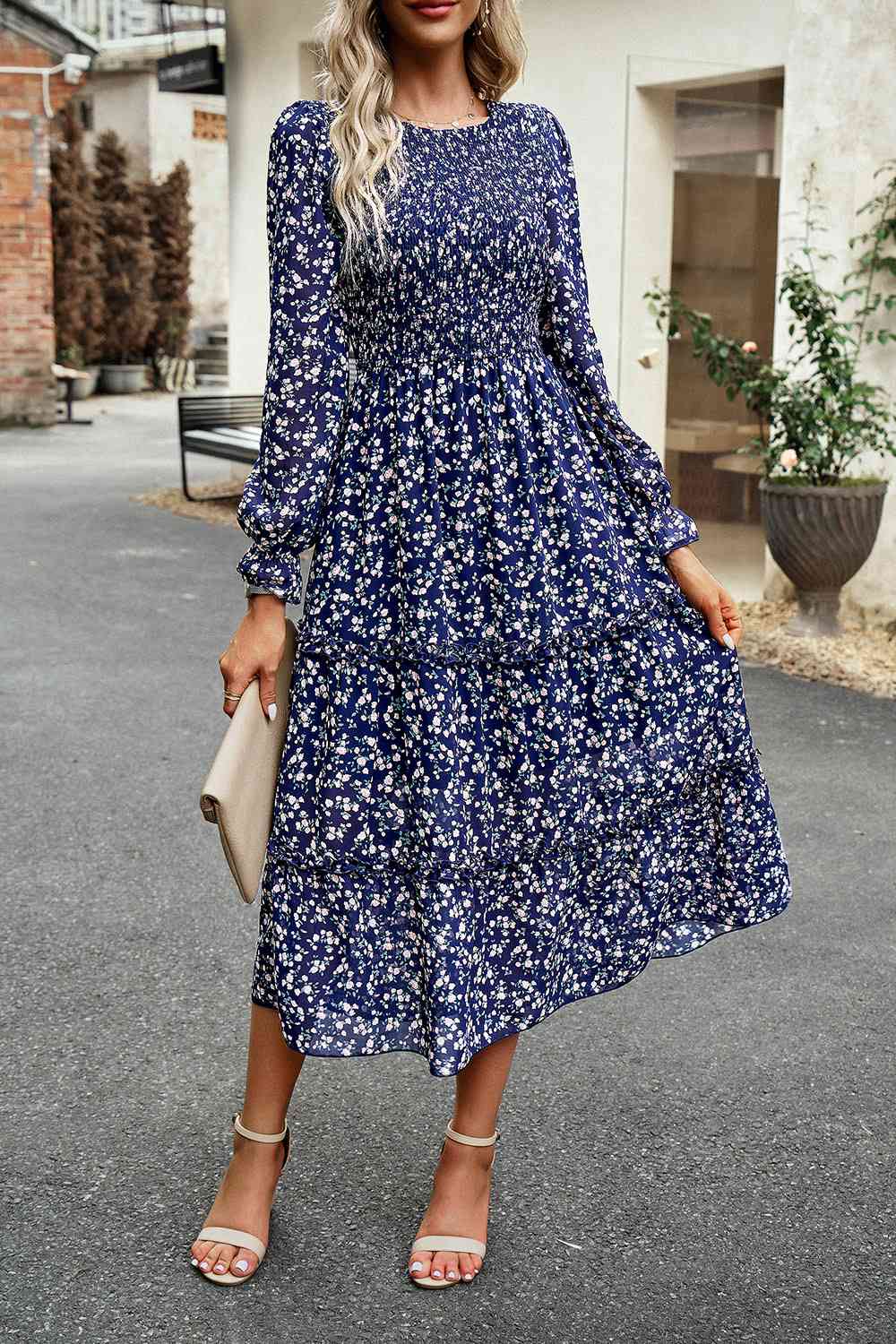 Smocked Flounce Sleeve Midi Dress - Guy Christopher 