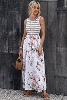 Striped Floral Round Neck Sleeveless Maxi Dress - Guy Christopher 