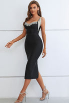 Rhinestone Fringe Sweetheart Neck Slit Dress - Guy Christopher 