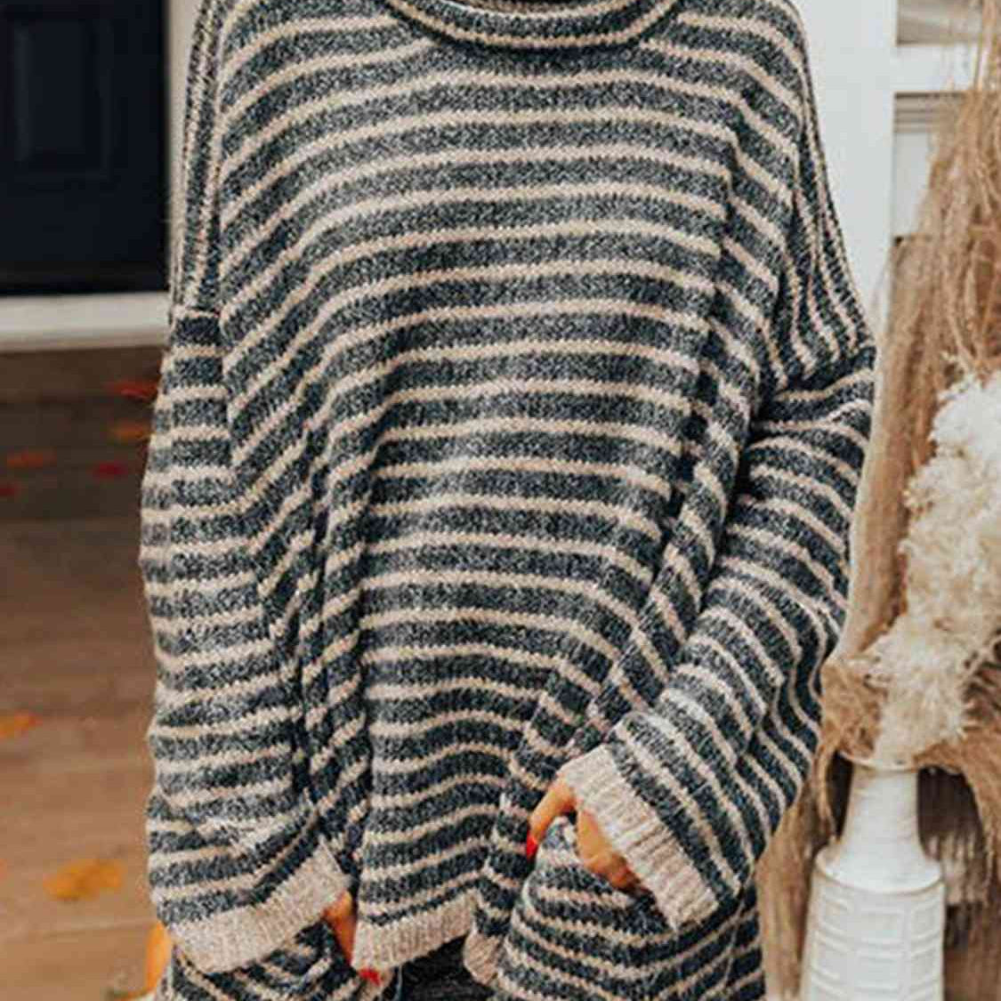 Striped Turtleneck Sweater with Pockets - Guy Christopher 