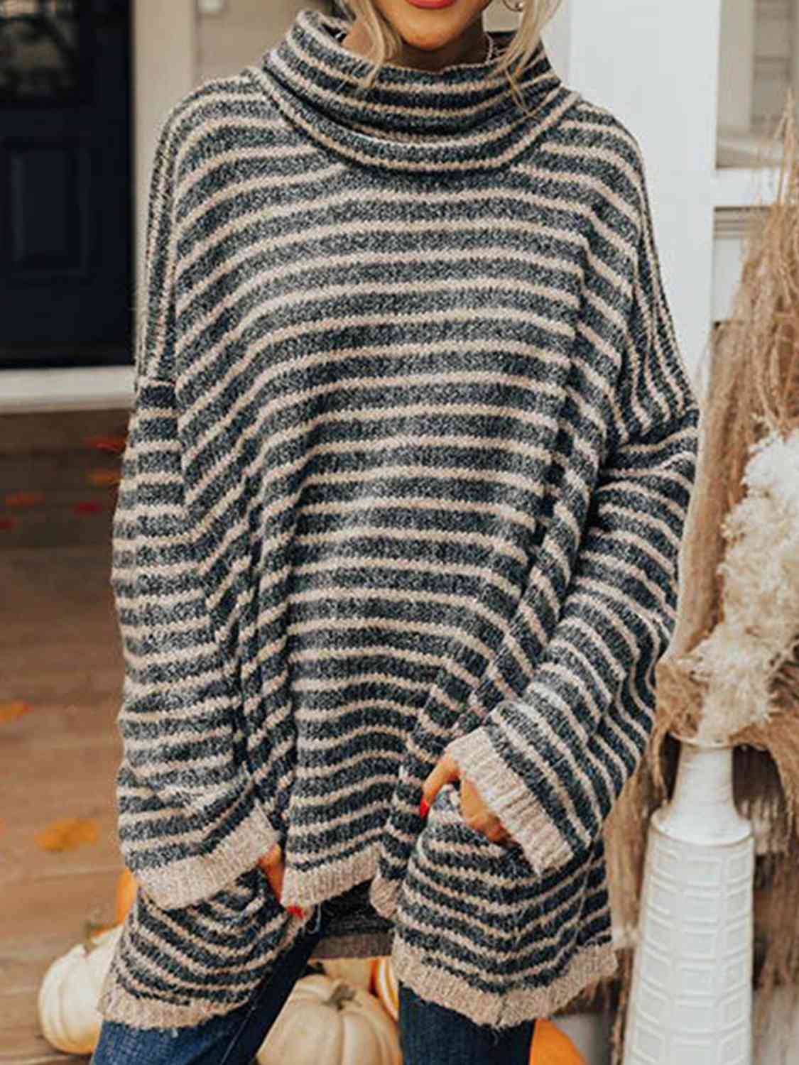 Striped Turtleneck Sweater with Pockets - Guy Christopher 