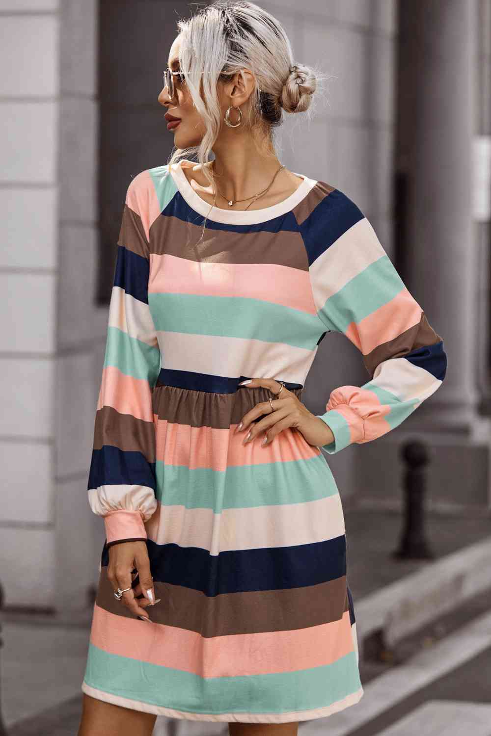 Striped Round Neck Dress with Pockets - Guy Christopher 