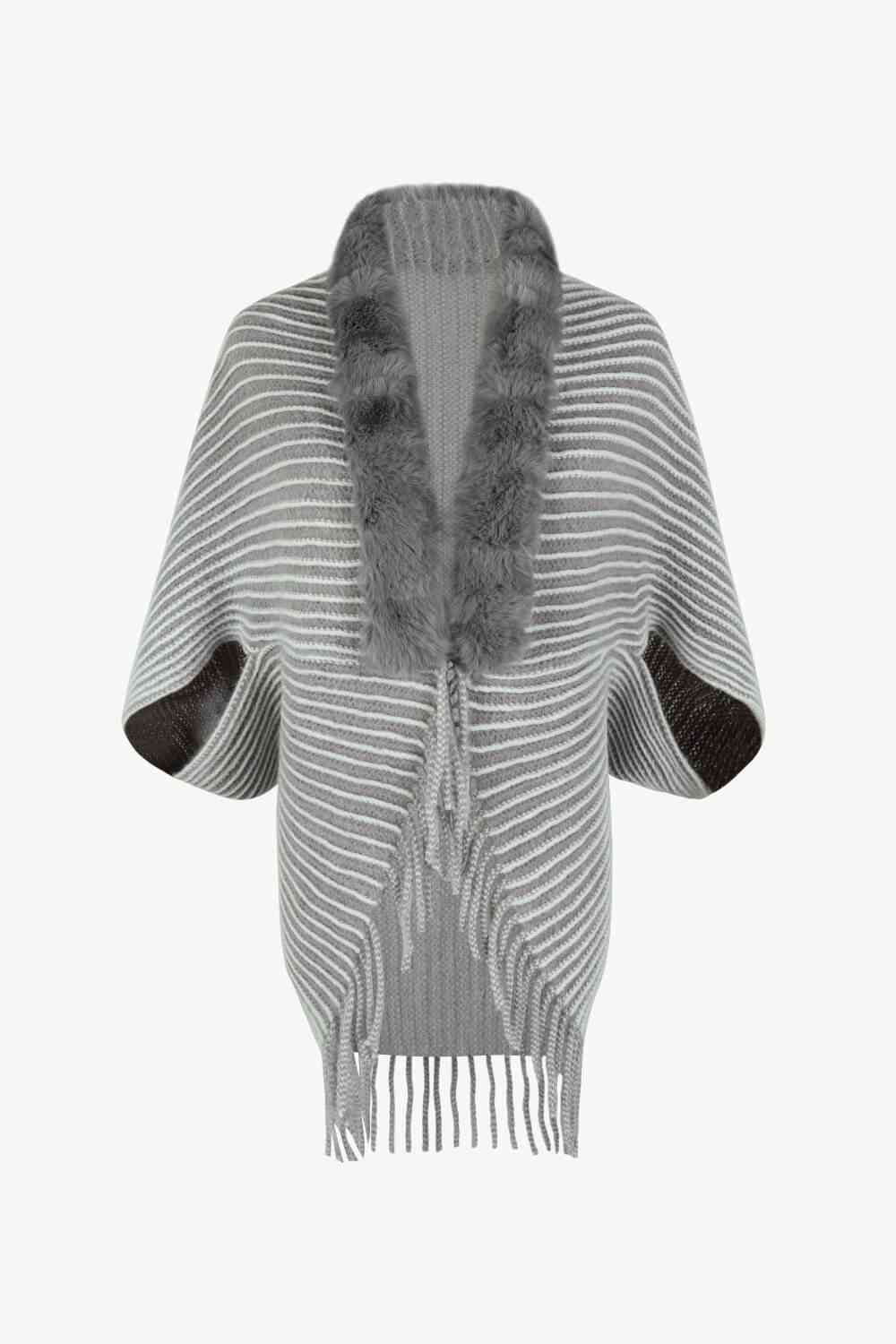 Striped Open Front Fringe Poncho - Guy Christopher 