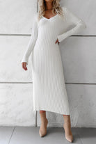 V-Neck Long Sleeve Ribbed Sweater Dress - Guy Christopher 