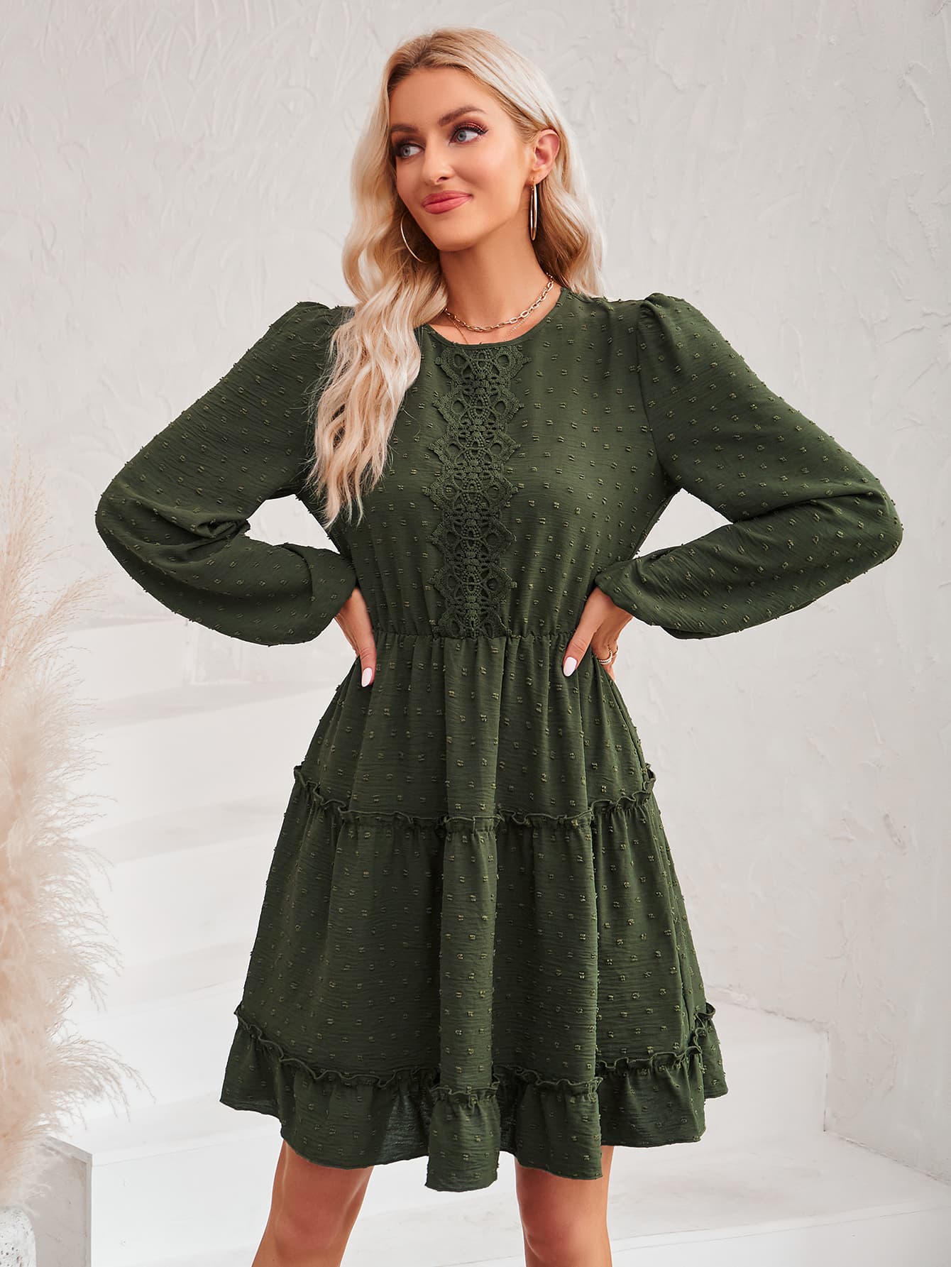 Swiss Dot Lace Trim Balloon Sleeve Dress - Guy Christopher 