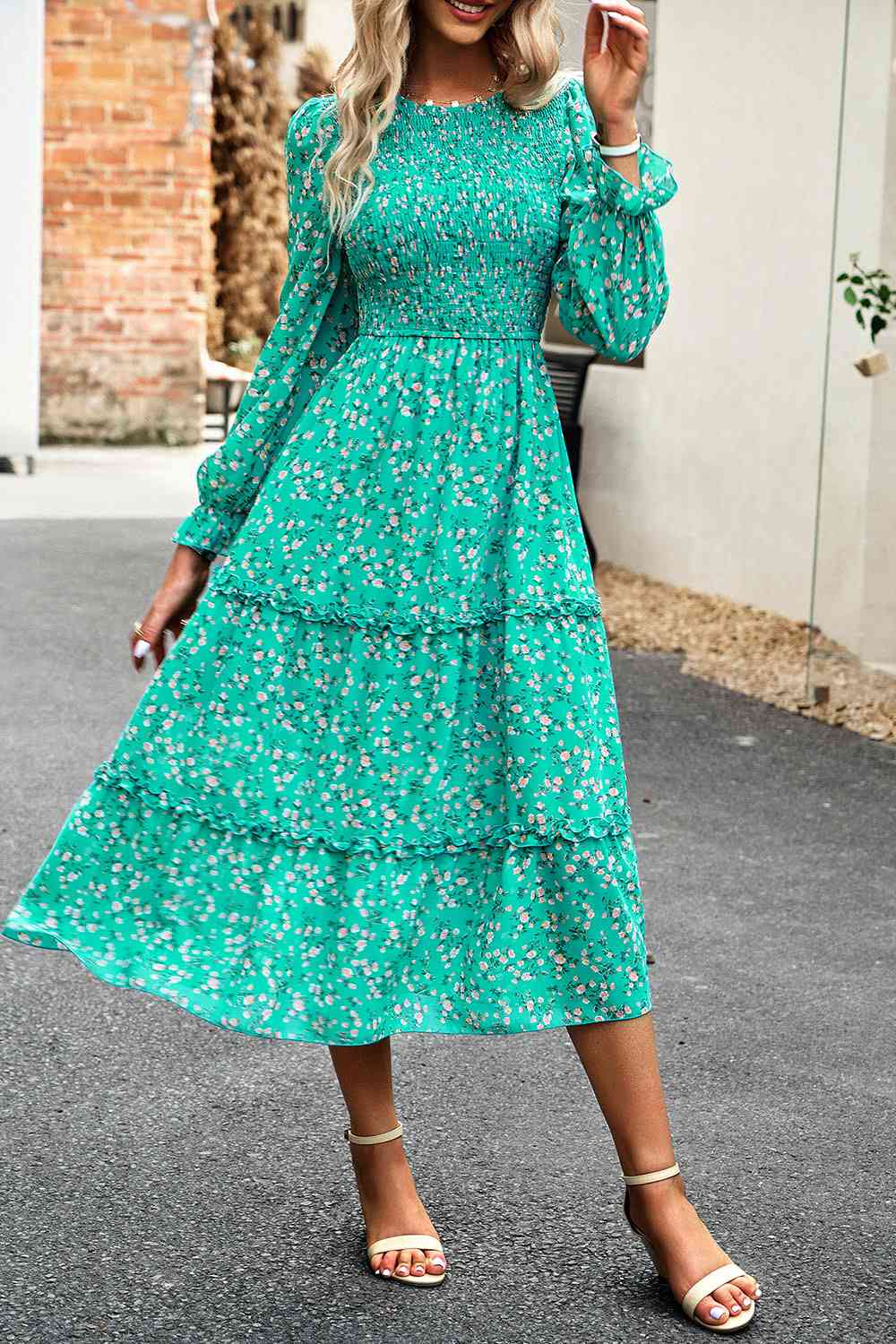 Smocked Flounce Sleeve Midi Dress - Guy Christopher 