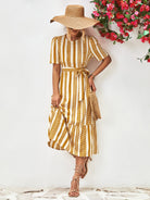 Striped Tie Belt Round Neck Puff Sleeve Dress - Guy Christopher 