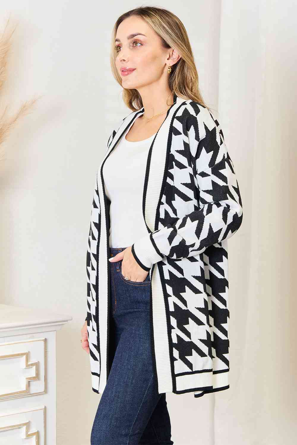 Woven Right Houndstooth Open Front Longline Cardigan - Guy Christopher 