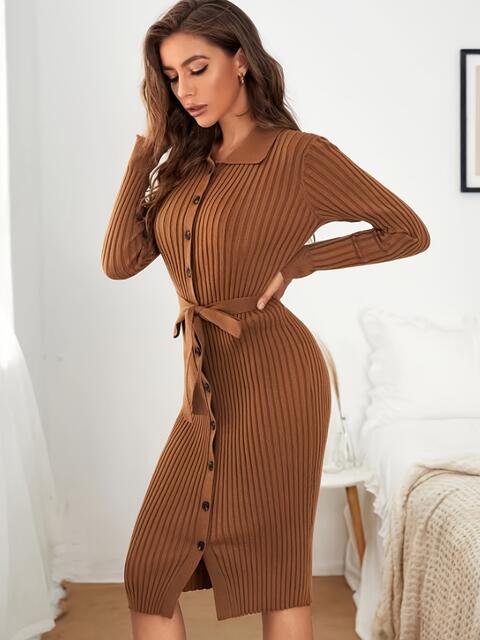 Collared Neck Button Up Ribbed Sweater Dress - Guy Christopher 