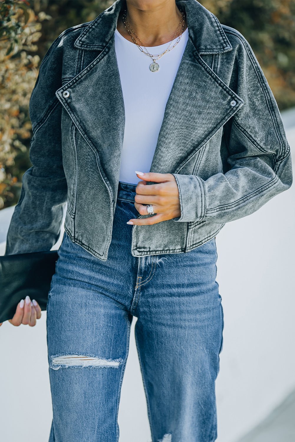 Acid Wash Lapel Collar Cropped Denim Jacket - Guy Christopher