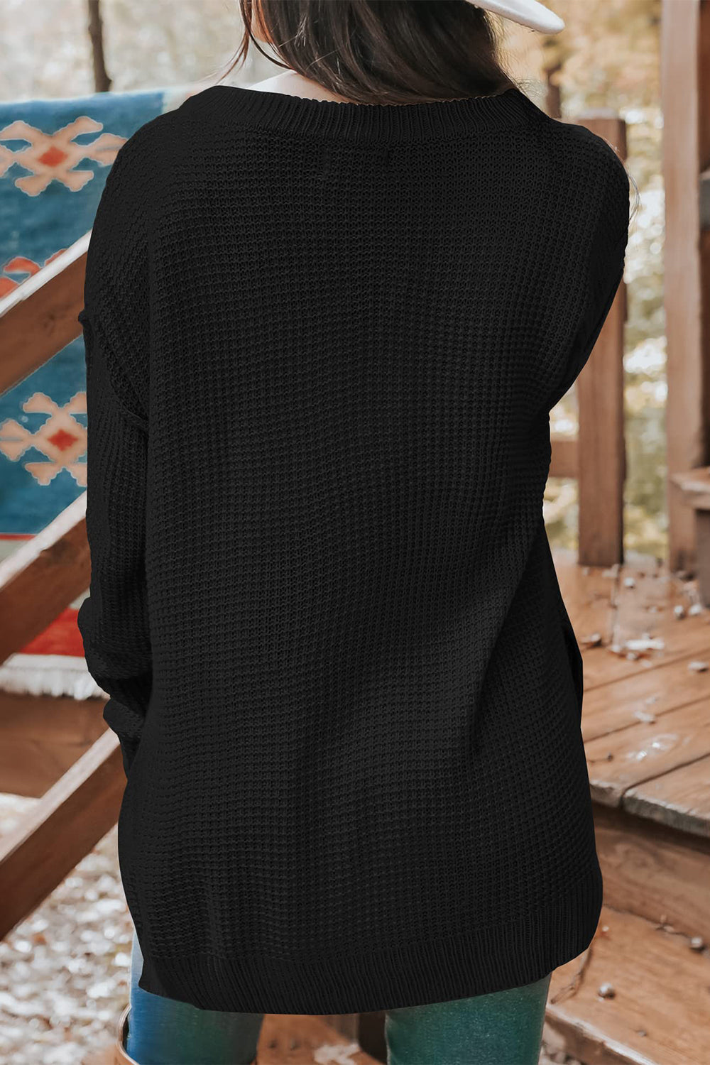 Waffle-Knit Dropped Shoulder Buttoned Sweater - Guy Christopher 