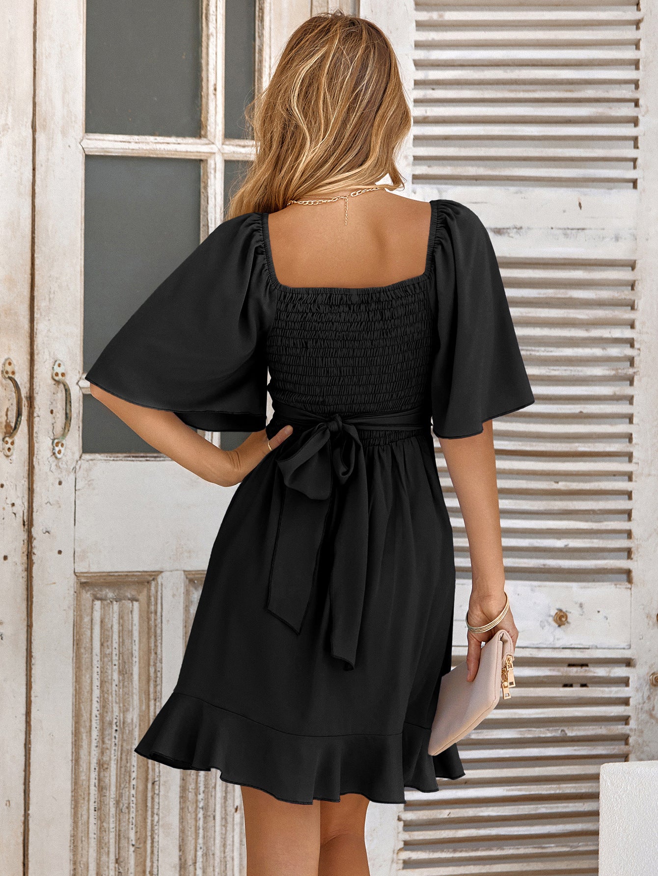 Smocked Tie Back Ruffle Hem Dress - Guy Christopher 