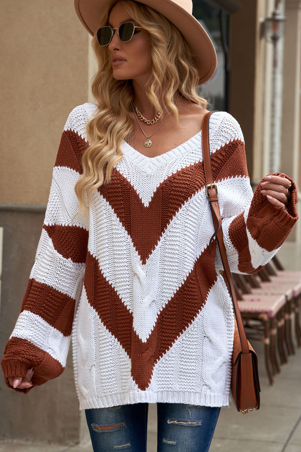 Woven Right Chevron Cable-Knit V-Neck Tunic Sweater - Guy Christopher 
