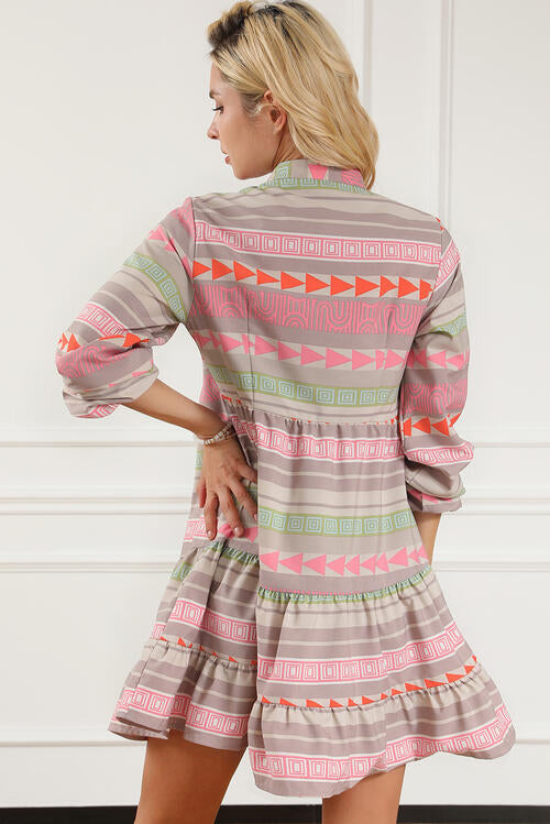 Tiered Notched Balloon Sleeve Buttoned Dress - Guy Christopher 