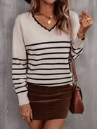 Striped V-Neck Drop Shoulder Sweater - Guy Christopher 