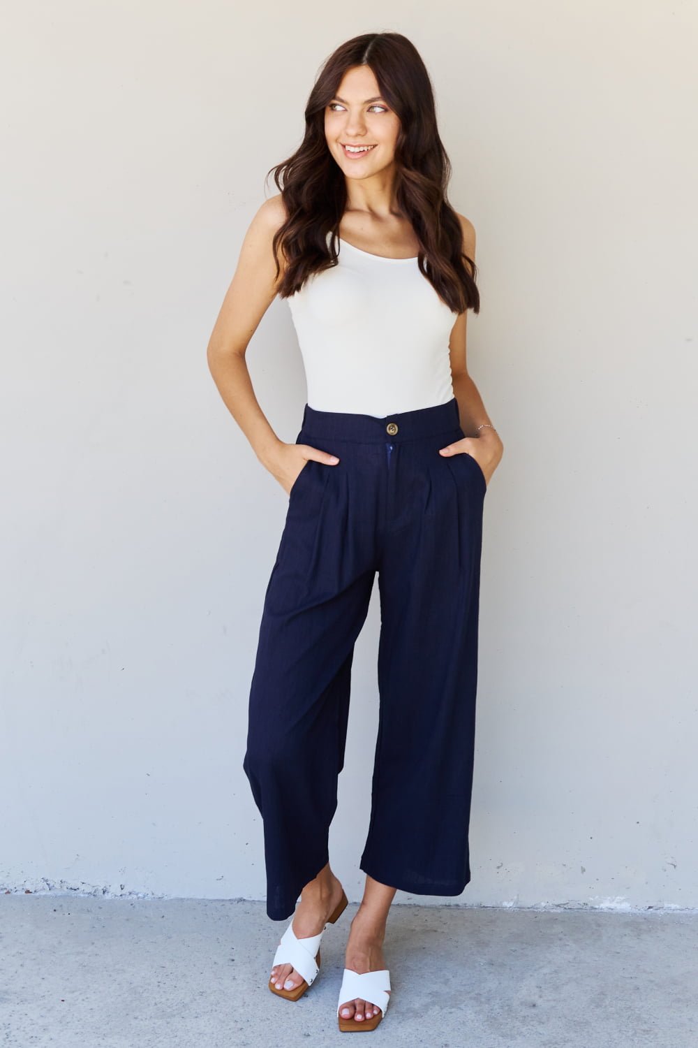 And The Why In The Mix Full Size Pleated Detail Linen Pants in Dark Navy - Guy Christopher 