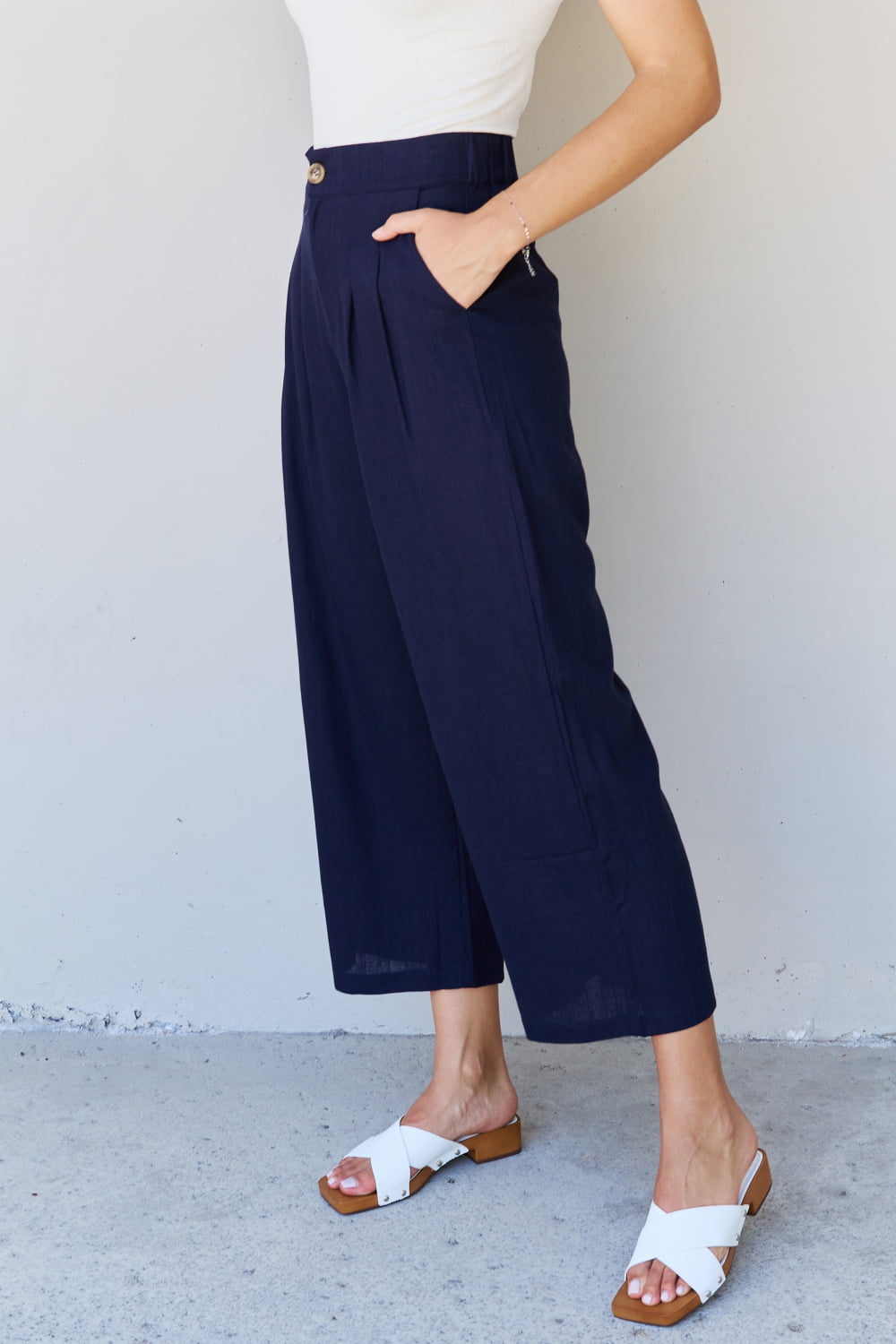 And The Why In The Mix Full Size Pleated Detail Linen Pants in Dark Navy - Guy Christopher 