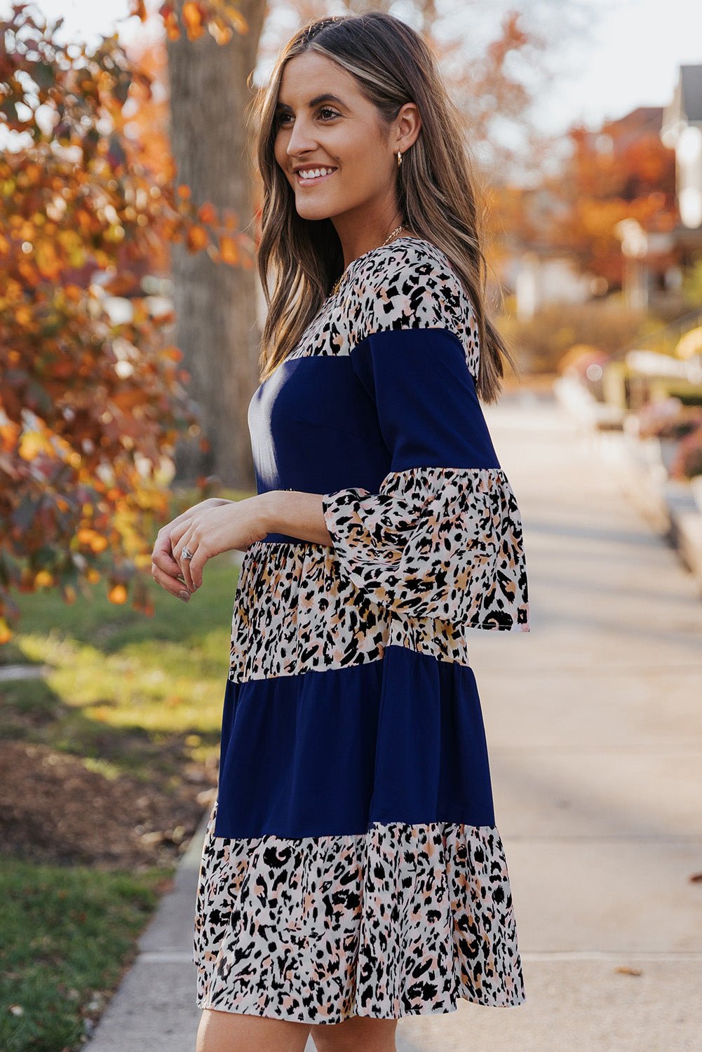 Animal Print Color Block Flare Sleeve Dress - Guy Christopher