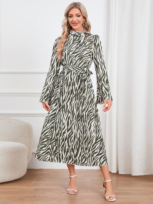 Animal Print Tie Front Ruffle Trim Dress - Guy Christopher