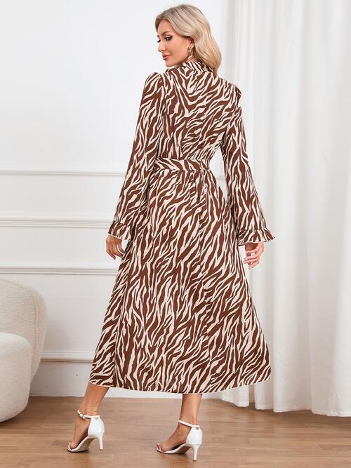 Animal Print Tie Front Ruffle Trim Dress - Guy Christopher