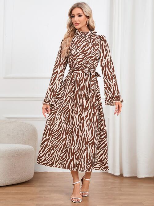 Animal Print Tie Front Ruffle Trim Dress - Guy Christopher