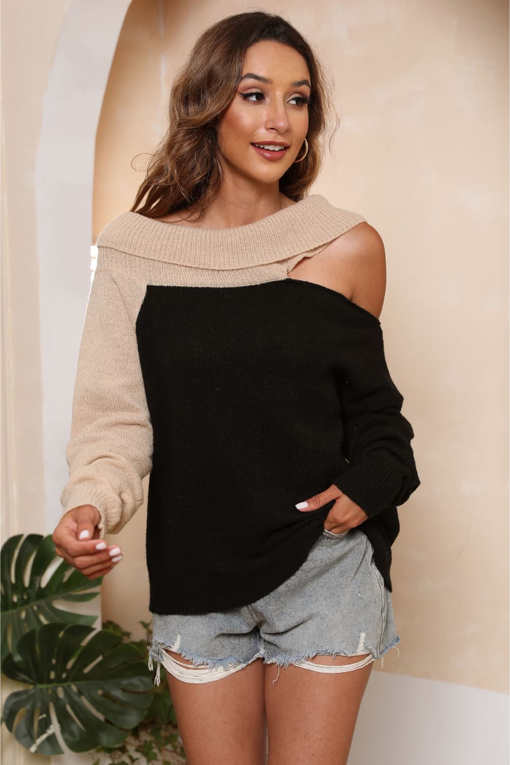 Asymmetrical Long Sleeve Two-Tone Cutout Sweater - Guy Christopher