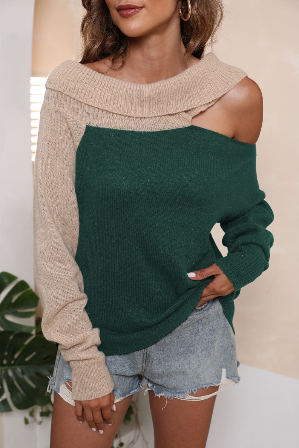 Asymmetrical Long Sleeve Two-Tone Cutout Sweater - Guy Christopher