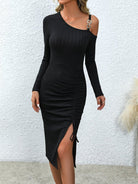 Asymmetrical Neck Drawstring Slit Dress - Guy Christopher