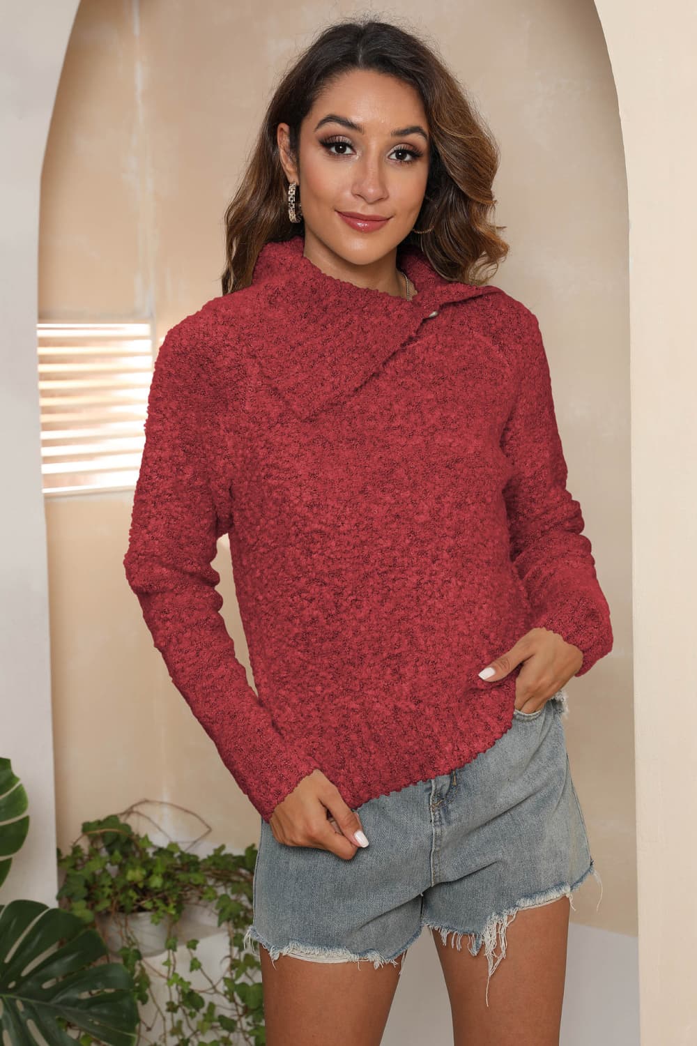 Asymmetrical Neck Long Sleeve Pullover Sweater - Guy Christopher