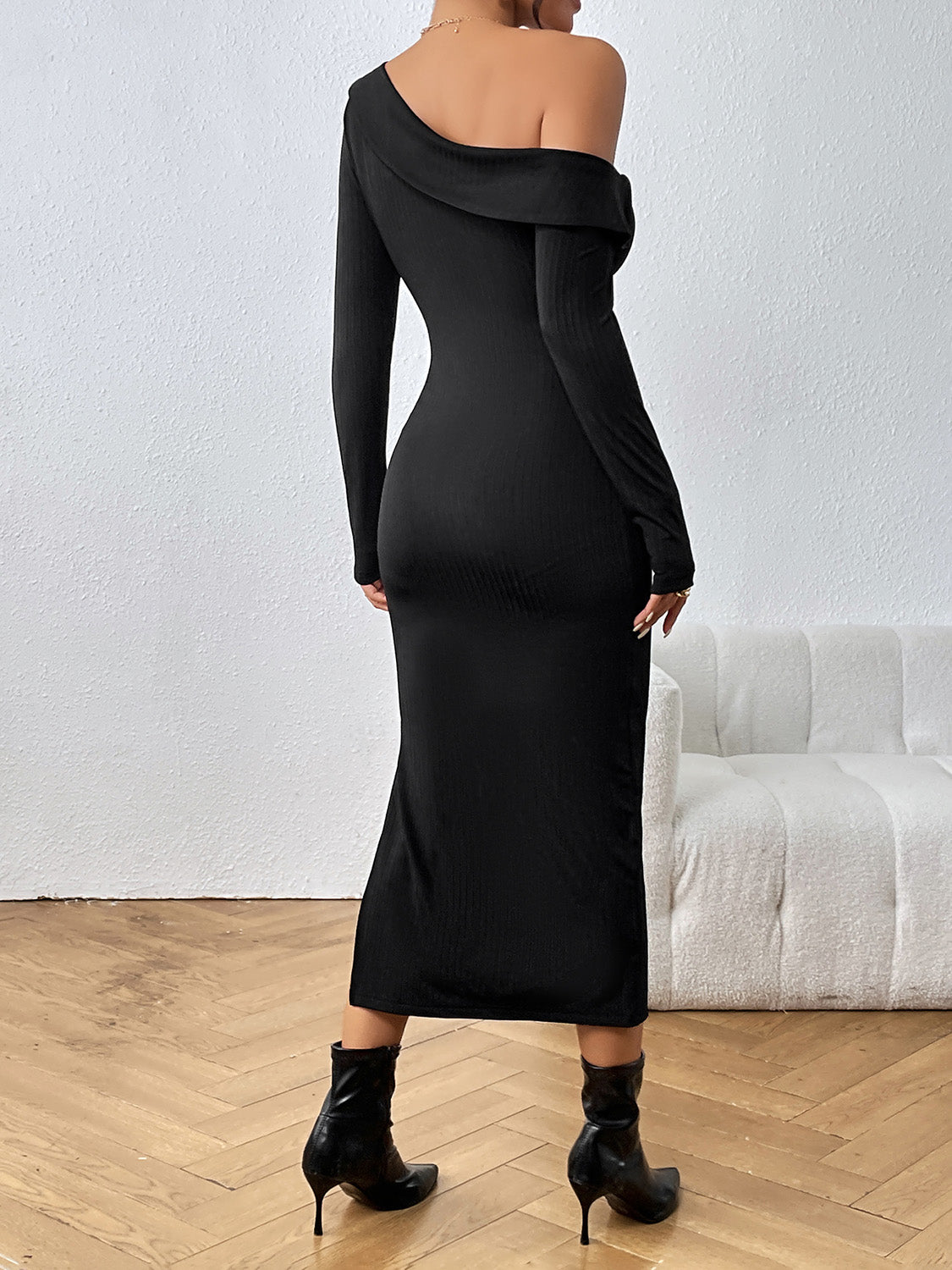 Asymmetrical Neck Long Sleeve Slit Dress - Guy Christopher