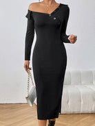 Asymmetrical Neck Long Sleeve Slit Dress - Guy Christopher